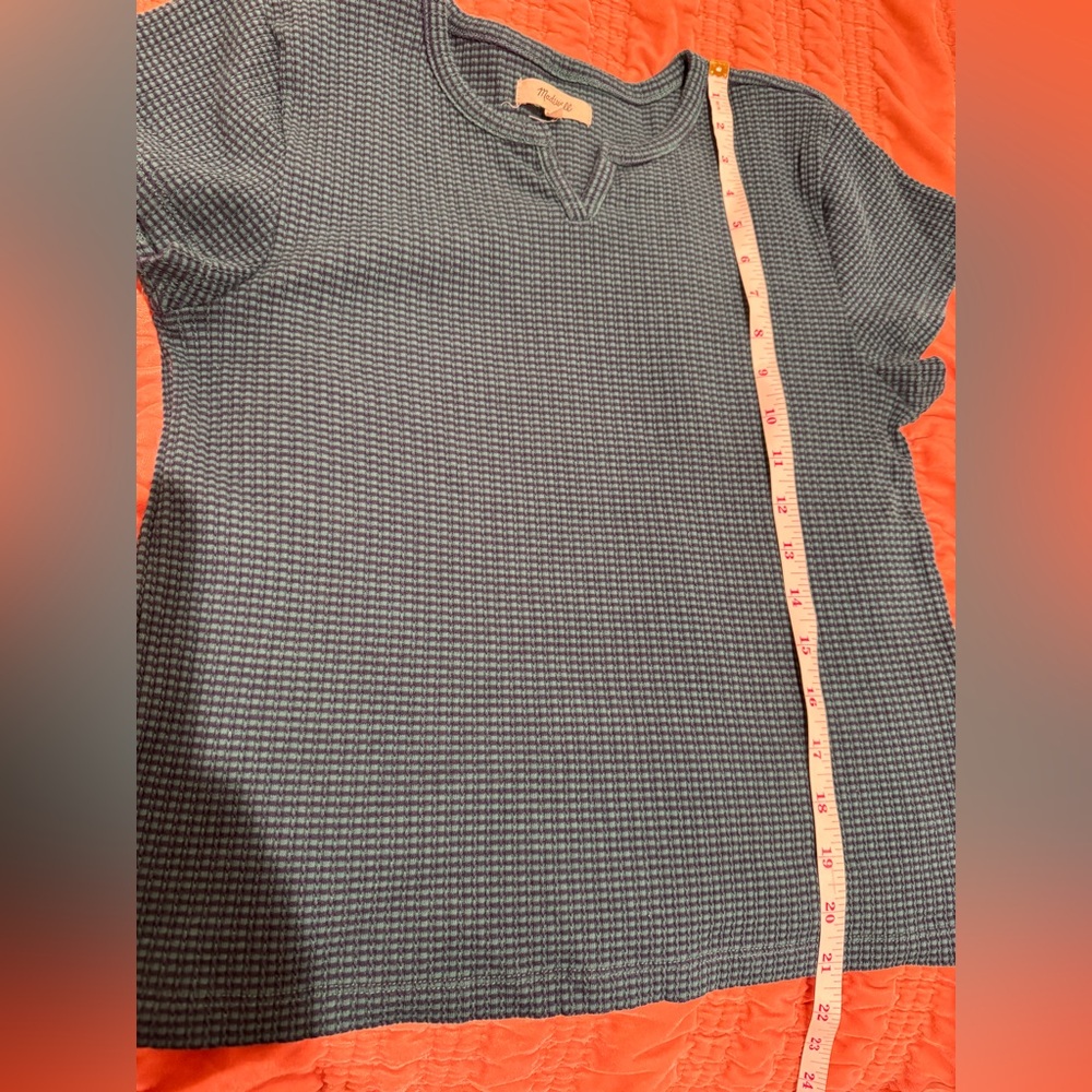 Madewell short-sleeve waffle-knit t-shirt - dark teal/green and navy color-Large - Picture 8 of 9